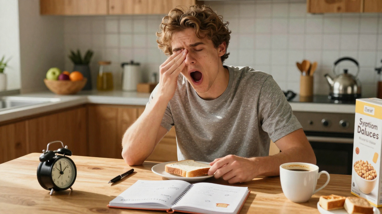 Jovem sentado na cozinha a bocejar, com torrada, caderno aberto, café e despertador à sua frente.