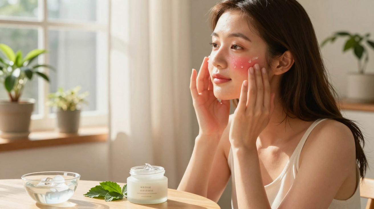 Mulher aplica creme facial num rosto com vermelhidão, sentada à mesa com plantas e luz natural.