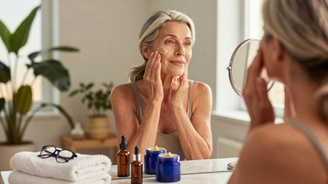 Mulher madura a aplicar creme facial, sentada à frente de um espelho numa casa iluminada.