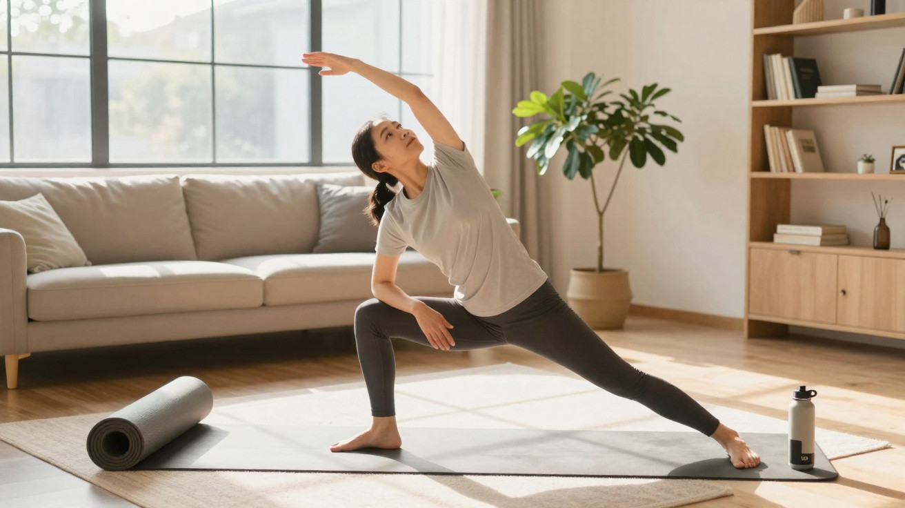 Mulher a fazer exercício de alongamento numa sala iluminada com tapete de yoga e garrafa de água.
