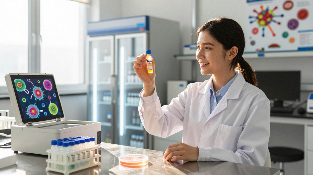 Mulher cientista em laboratório a analisar tubo de ensaio, com imagens de vírus no computador.