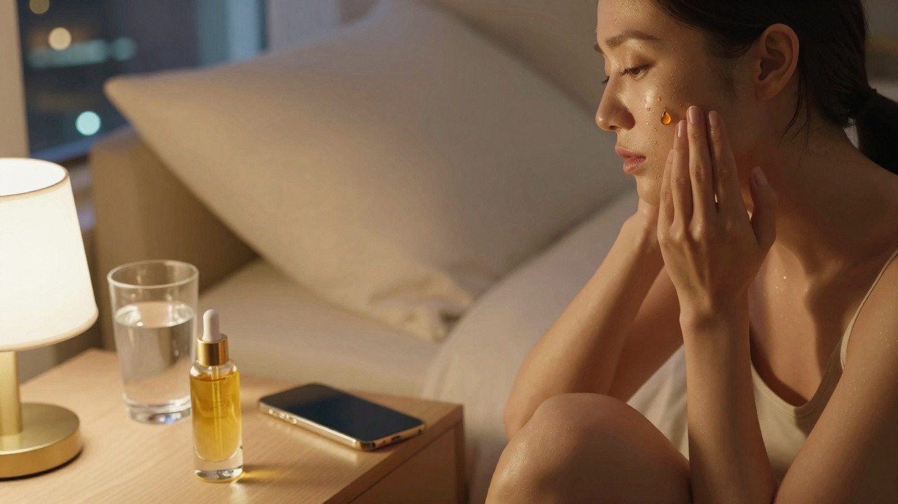 Mulher aplica óleo facial ao lado de mesa com vidro de água, frasco e telemóvel num ambiente acolhedor.