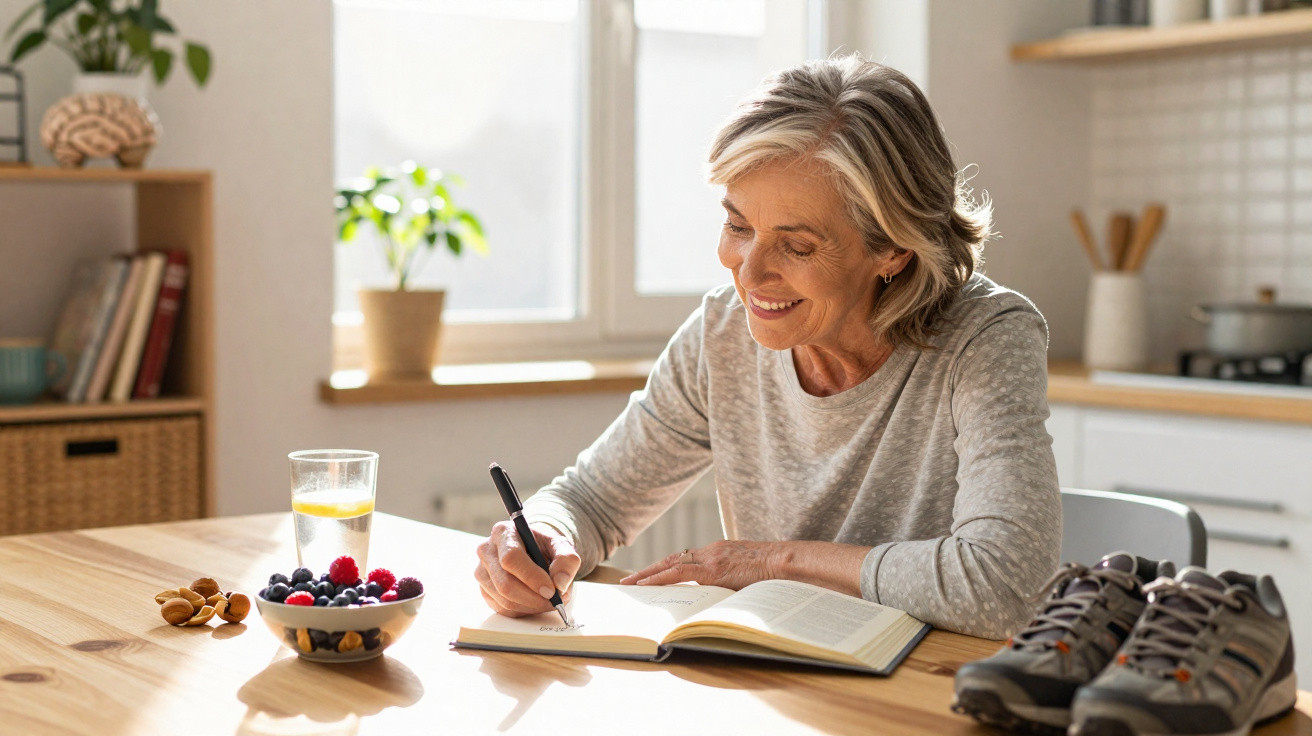 Mulher sénior sorridente a escrever num caderno à mesa com frutas, água e ténis ao lado numa cozinha iluminada.