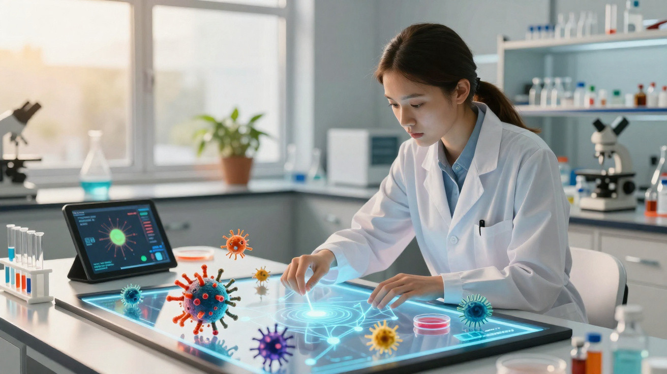 Cientista feminina a analisar modelos digitais de vírus numa mesa tátil interativa num laboratório.