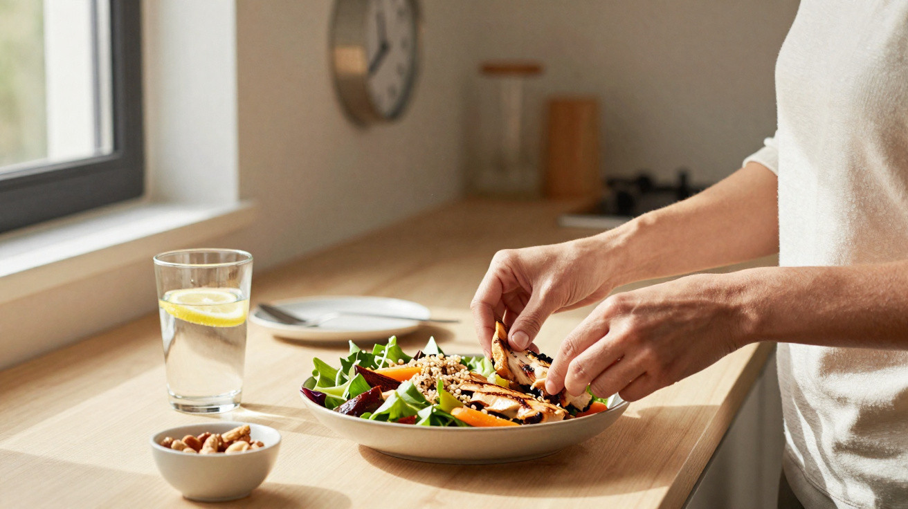 Pessoa a guarnecer salada com pedaços de frango grelhado numa cozinha iluminada pela luz natural.