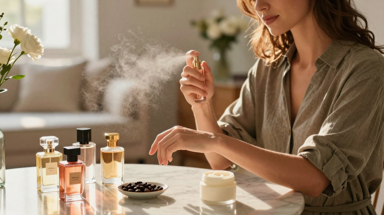 Mulher a aplicar perfume no braço junto a frascos de perfume e creme numa mesa iluminada.
