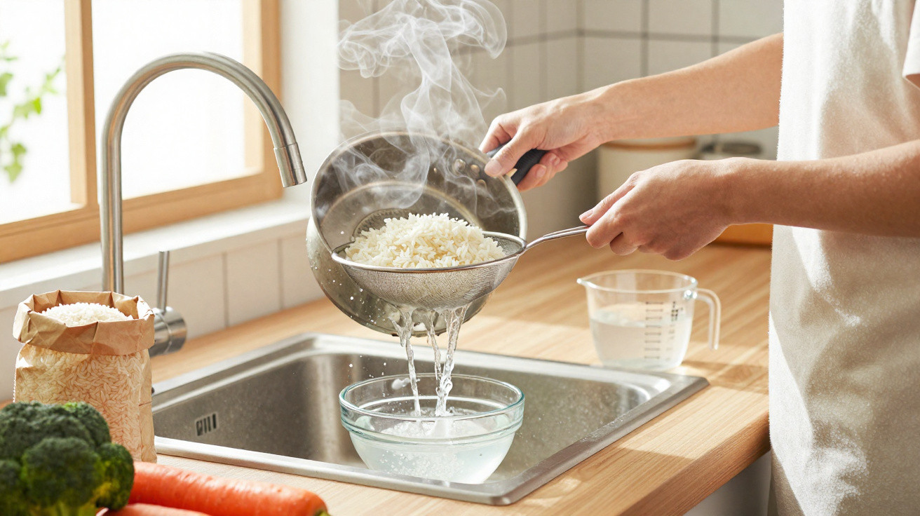 Pessoa a coar arroz cozido numa panela sobre pia de cozinha moderna com legumes na bancada.