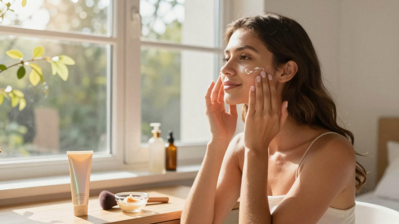 Mulher aplica creme hidratante no rosto junto a uma janela com luz natural suave.