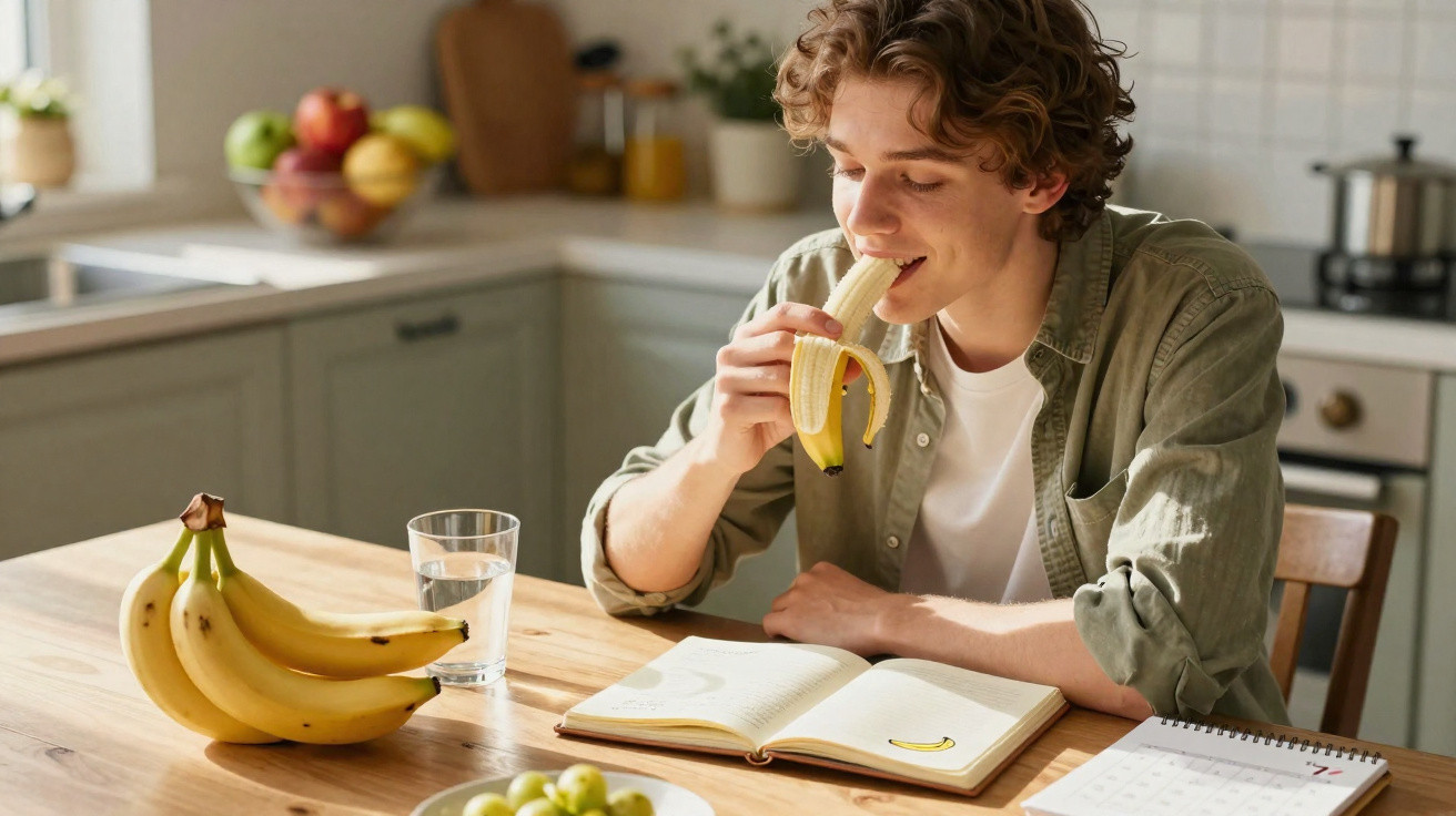 Jovem sentado à mesa na cozinha, a comer uma banana, com caderno aberto e copo de água à frente.