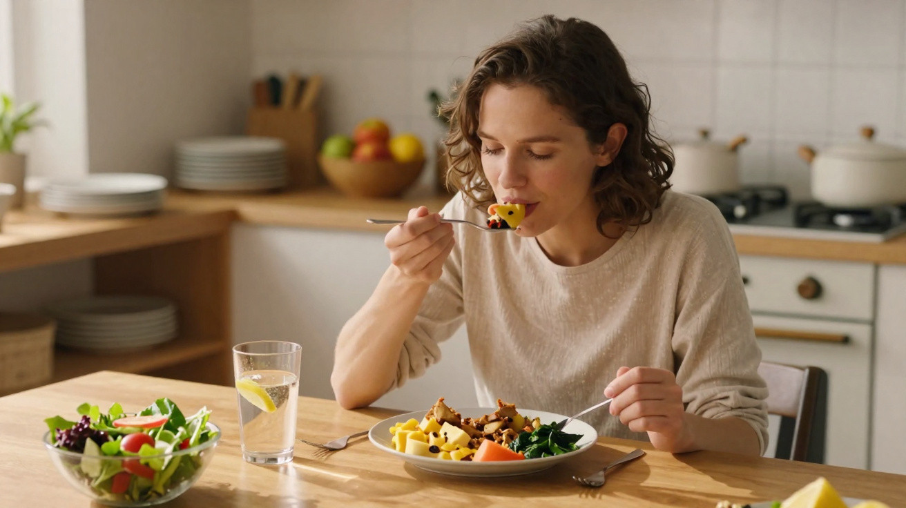 Mulher a almoçar numa cozinha, com prato de comida saudável, taça de salada e copo de água com limão.
