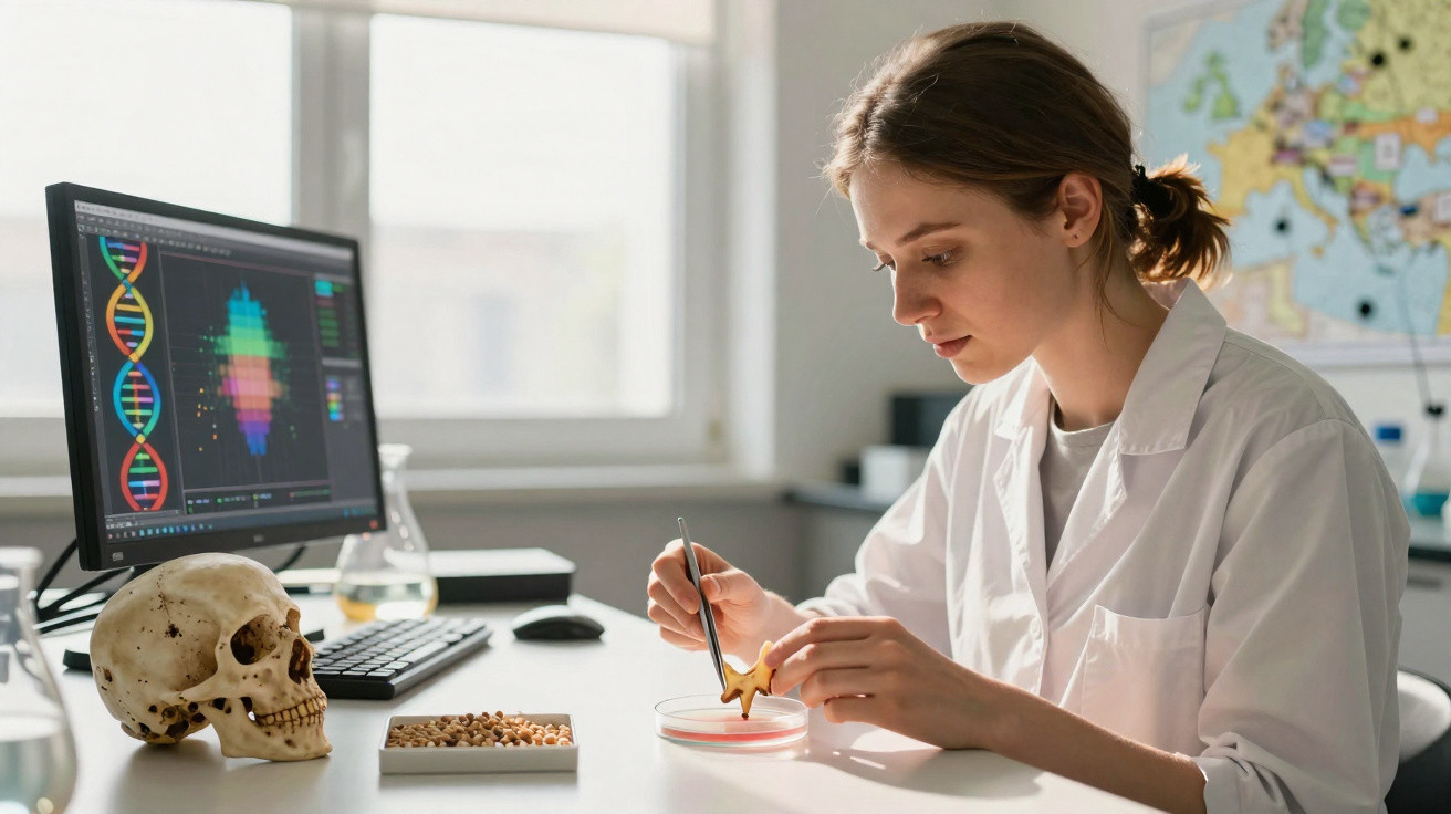 Jovem cientista examina estrela-do-mar em petri com crânio, computador e equipamentos de laboratório ao fundo.