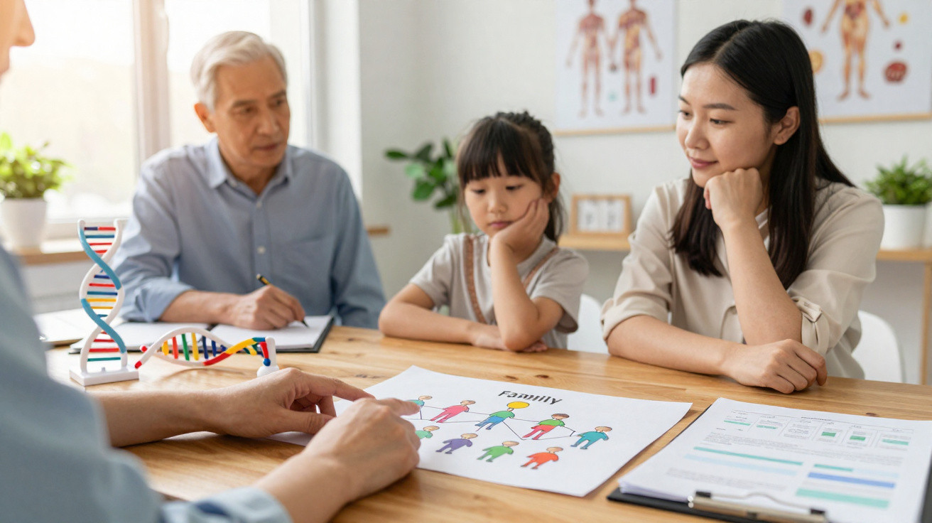 Pessoa a explicar esquema de árvore genealógica a família com criança, em consulta num consultório médico.