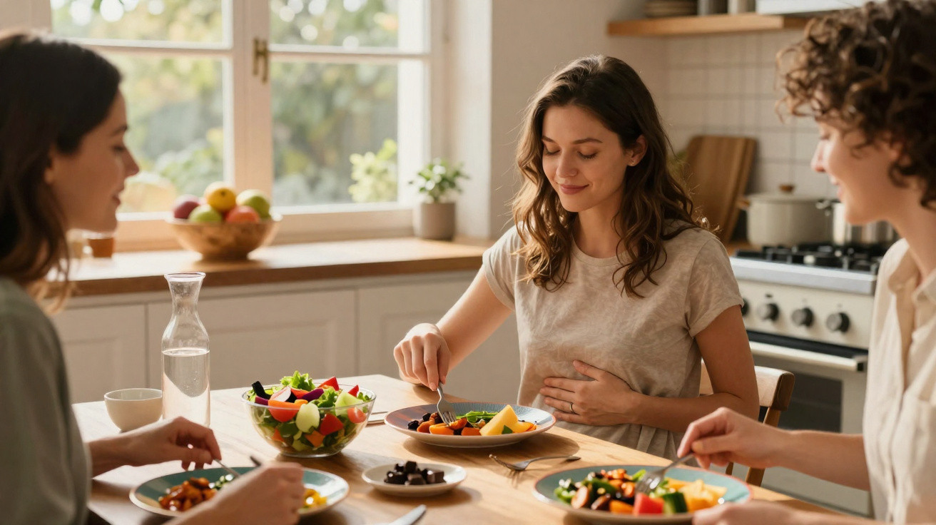 Três mulheres a comerem uma refeição saudável com legumes numa cozinha iluminada pela luz natural.