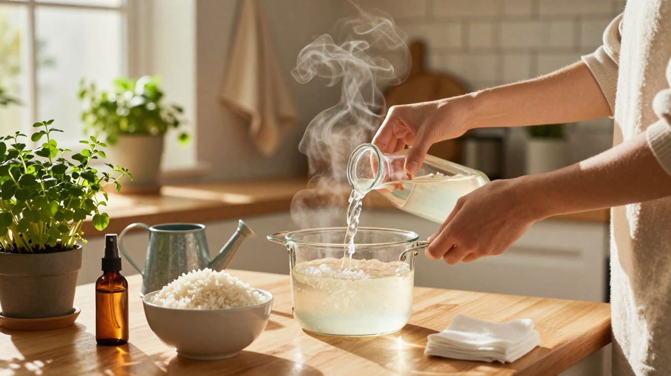 Pessoa a verter água quente numa tigela de vidro numa cozinha luminosa com plantas e arroz à mesa.