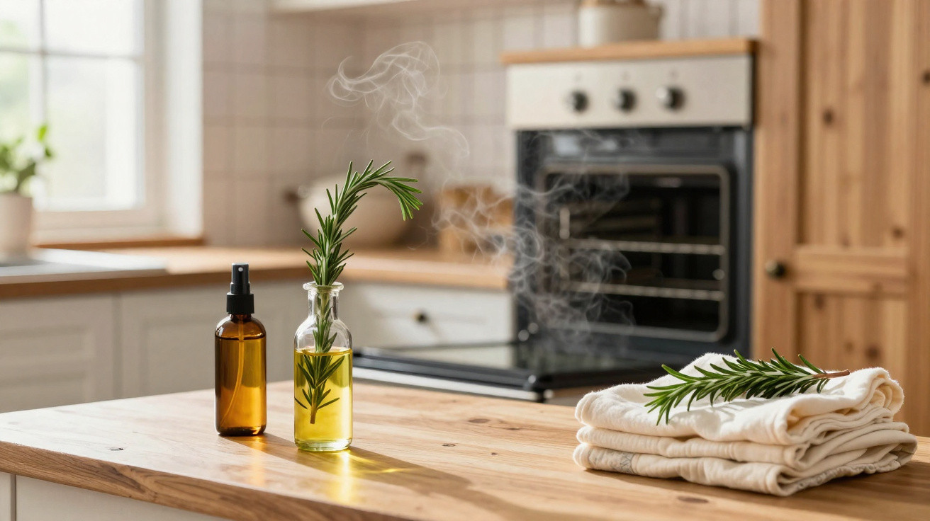 Frascos de óleo essencial e toalhas com ramo de alecrim numa bancada de cozinha, com forno ao fundo.