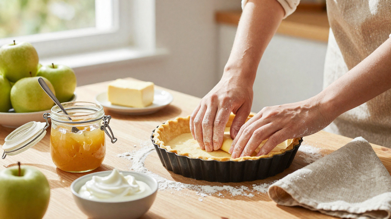 Mãos a preparar massa numa forma para tarte com maçãs verdes, manteiga e compota na bancada de cozinha.