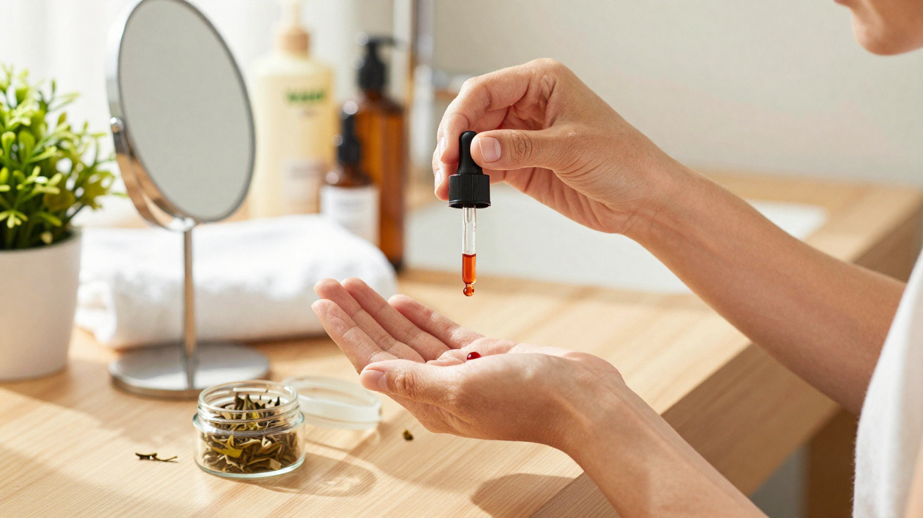 Pessoa a aplicar óleo facial com conta-gotas junto a espelho e produtos de beleza numa mesa de madeira.
