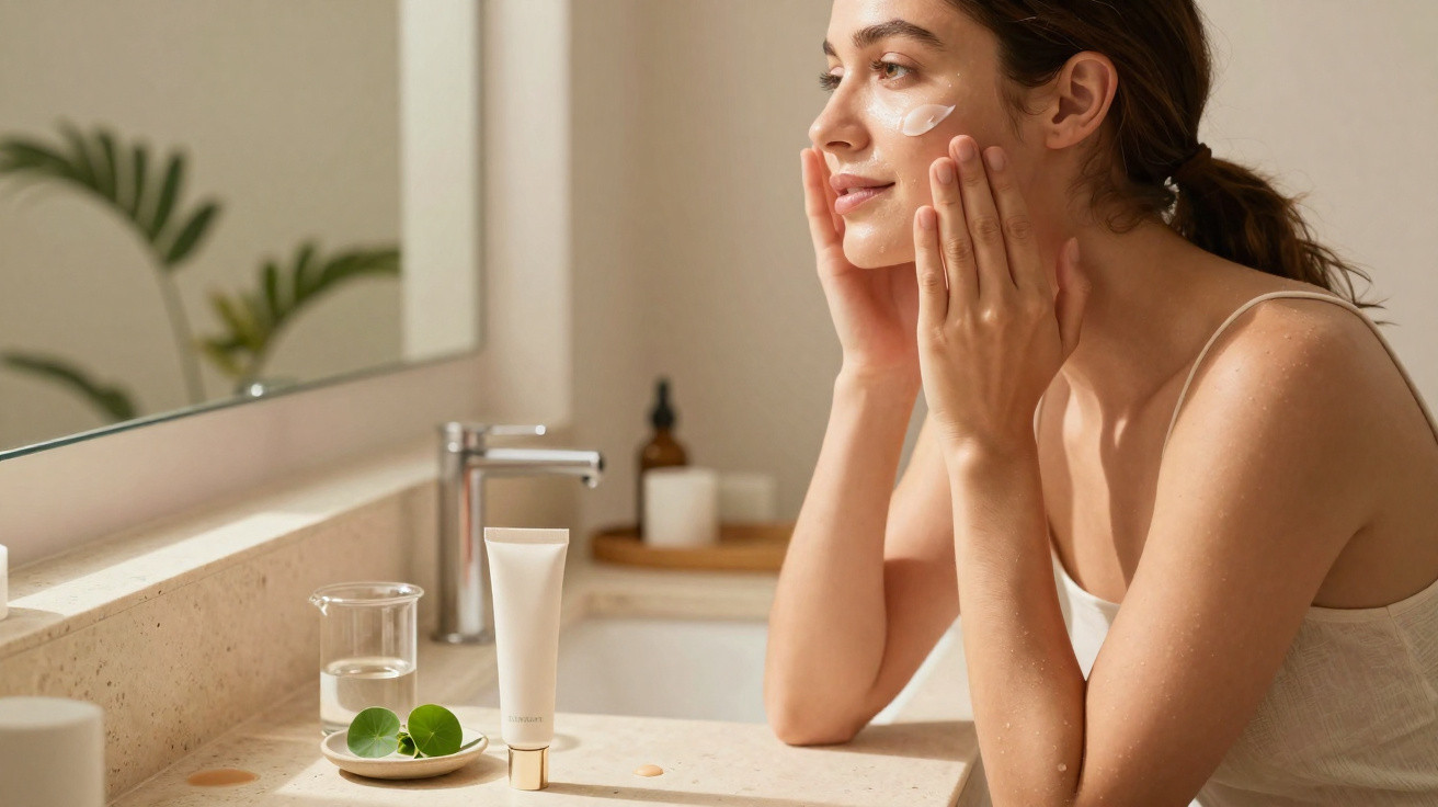 Mulher aplica creme facial junto ao espelho numa casa de banho com ambiente luminoso e natural.