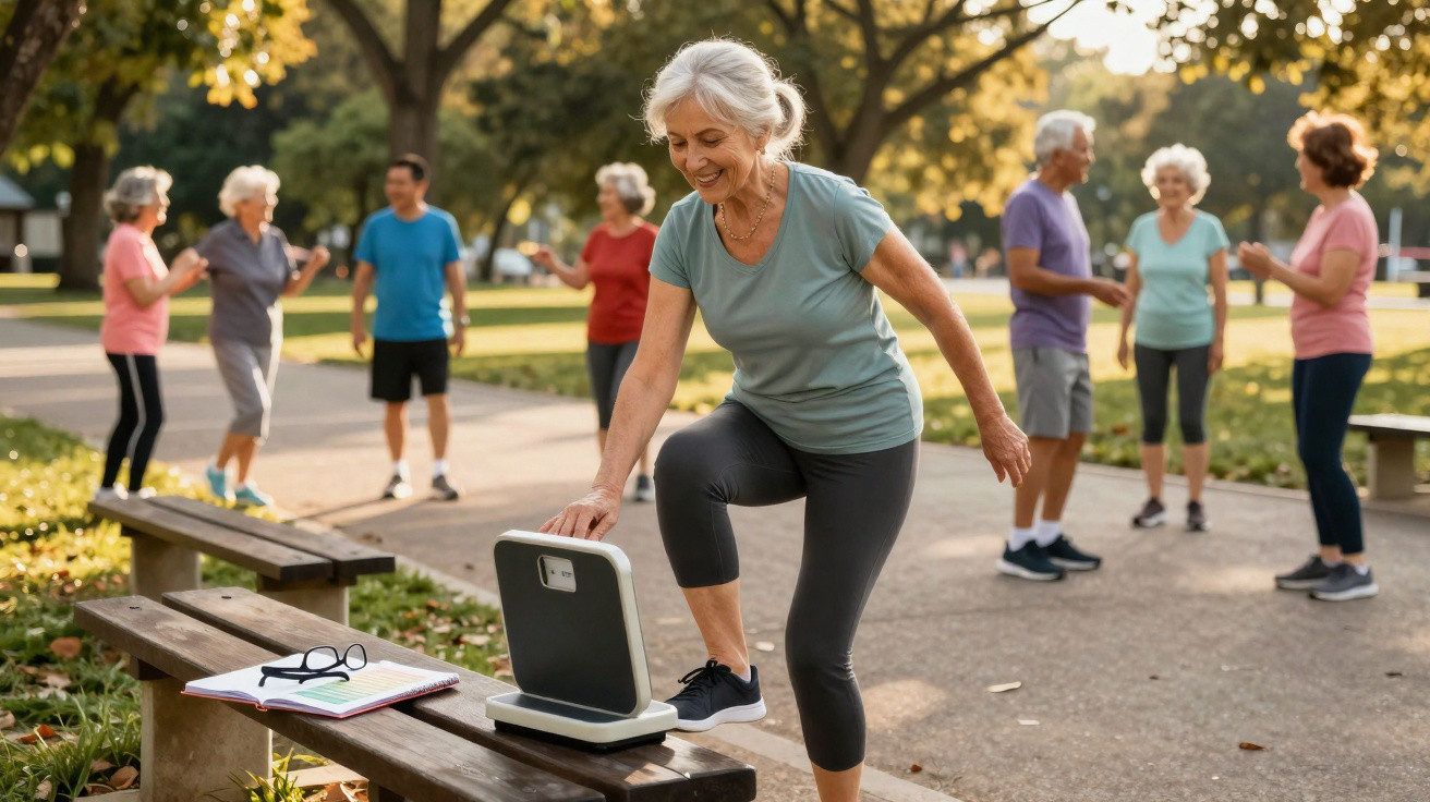 Grupo de seniores a fazer exercício e pesar-se num parque ensolarado.