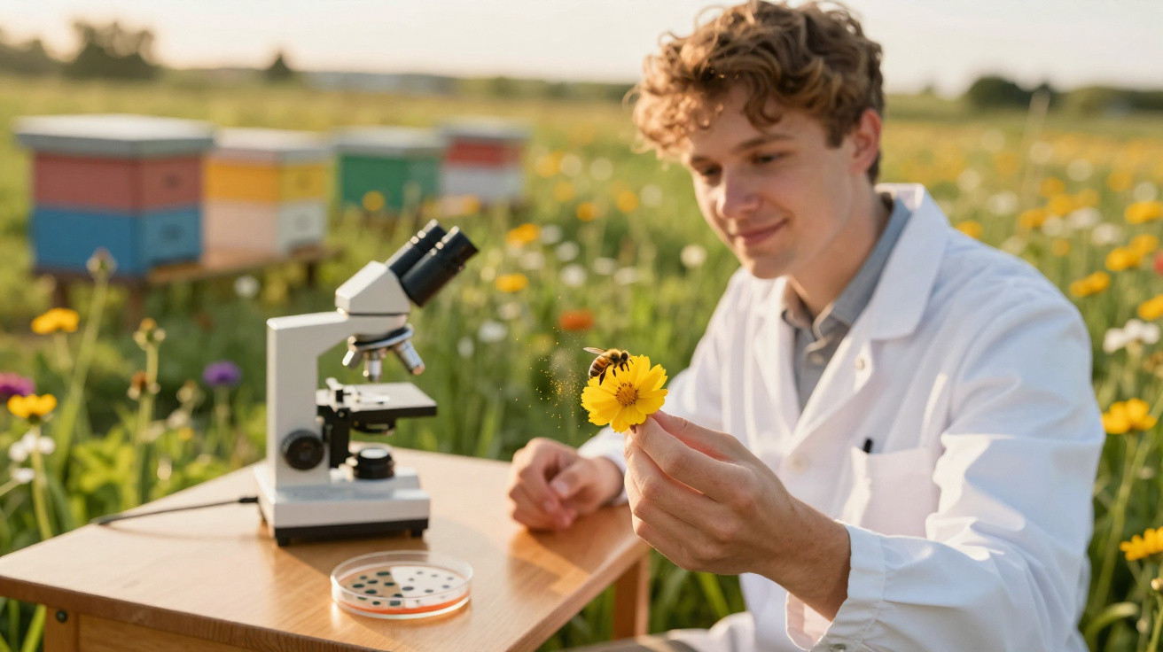 Cientista em bata branca observa abelha numa flor amarela, ao lado de microscópio e placa de petri num campo florido.