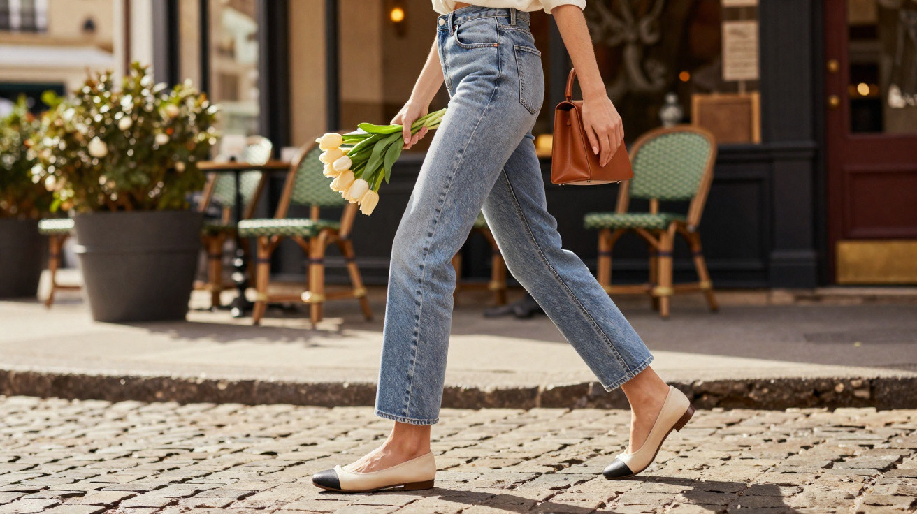 Pessoa a caminhar numa rua de calçada portuguesa com flores na mão e bolso castanho, usando jeans e sapatos rasos.