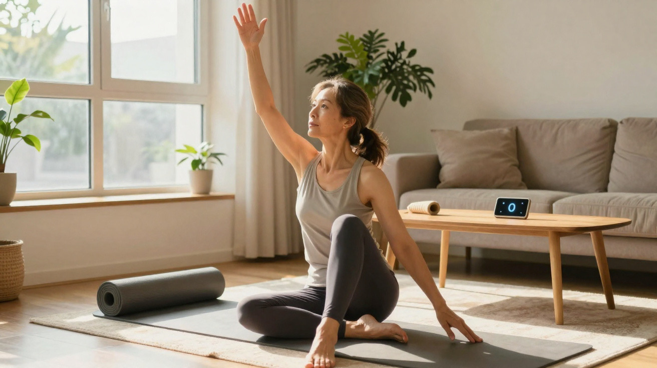 Mulher a praticar yoga sentada num tapete no chão, numa sala bem iluminada e confortável.