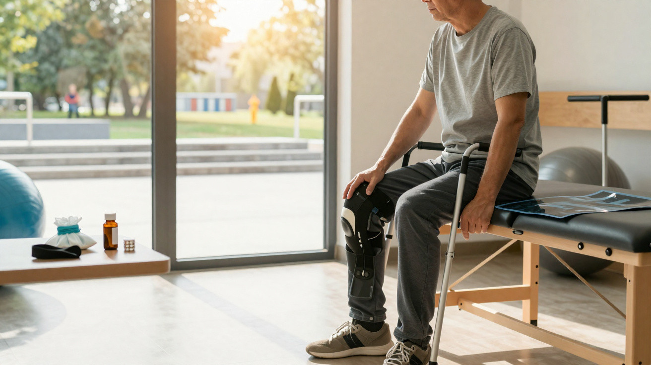 Homem sentado com joelheira ortopédica e ajuda de muleta numa clínica de fisioterapia.