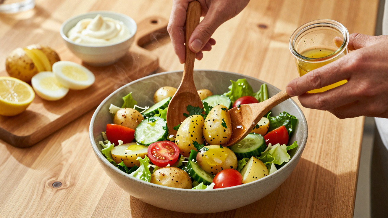 Mãos a servir salada com batatas, tomate cereja, pepino e alface numa taça sobre uma mesa de madeira.