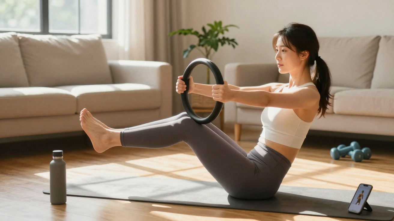 Mulher a fazer exercício com aro de pilates numa sala iluminada com colchão, pesos e garrafa de água.