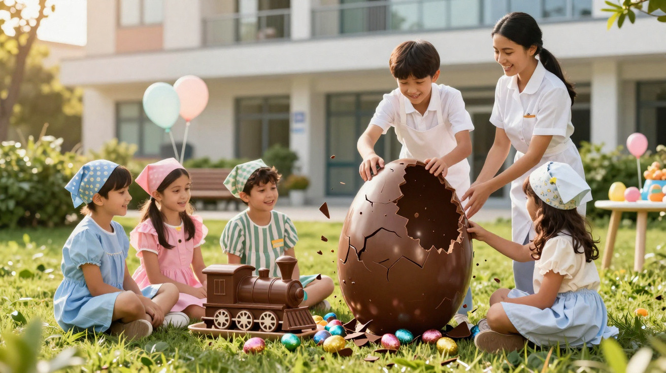 Crianças e uma cuidadora a brincar com um ovo de chocolate gigante partido num jardim com ovos coloridos.