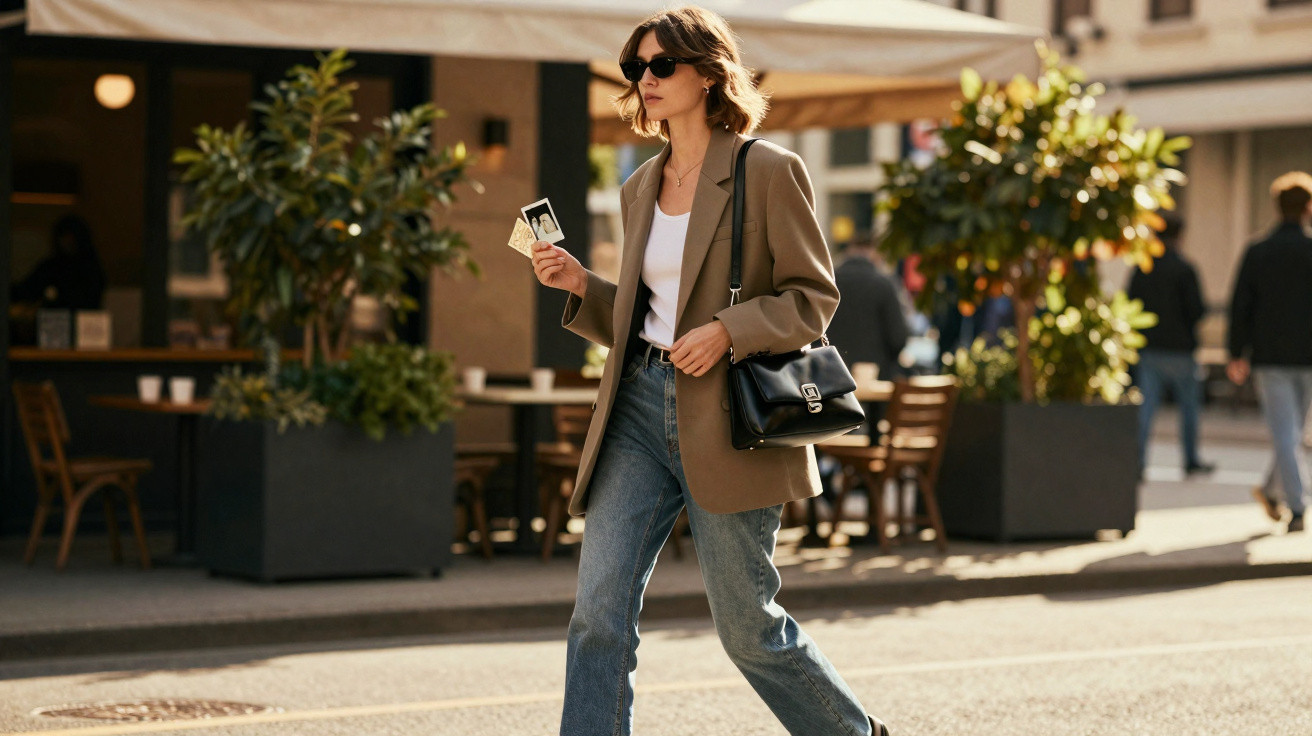 Mulher de cabelos curtos, óculos escuros, blazer castanho e jeans a atravessar a rua numa zona urbana com esplanadas.
