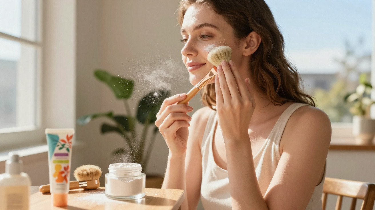 Mulher aplica pó facial com pincel numa mesa com produtos de beleza, luz natural entrada pela janela.