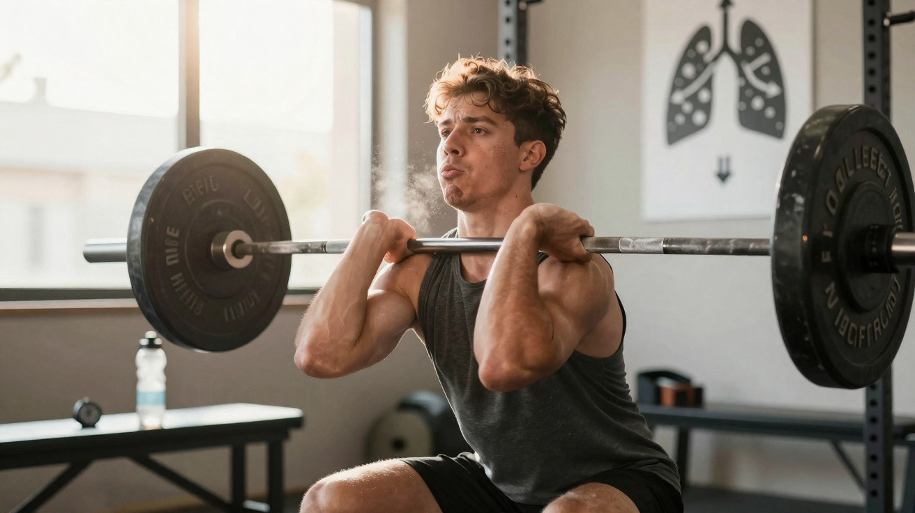 Homem musculado a fazer levantamento de peso com barra numa academia, com expressão de esforço.
