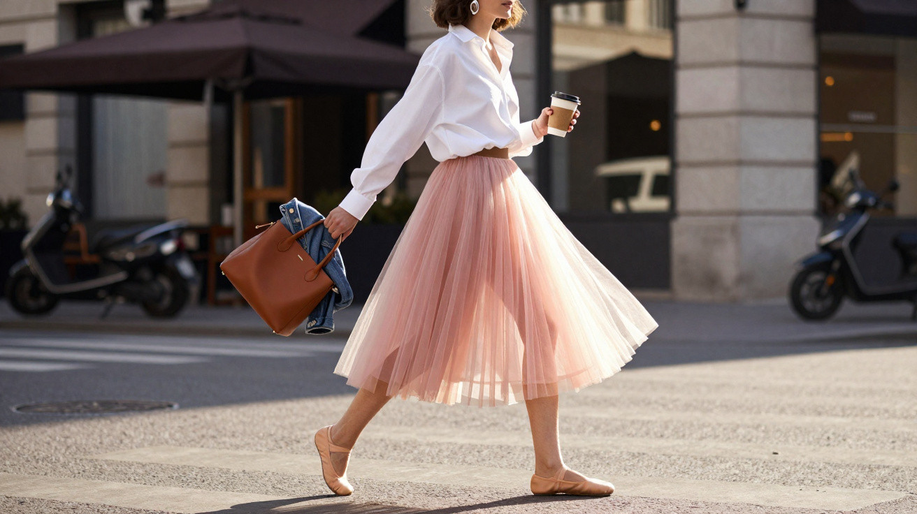 Mulher elegante a atravessar a rua com saia rosa plissada, camisa branca, bolsa castanha e café na mão.