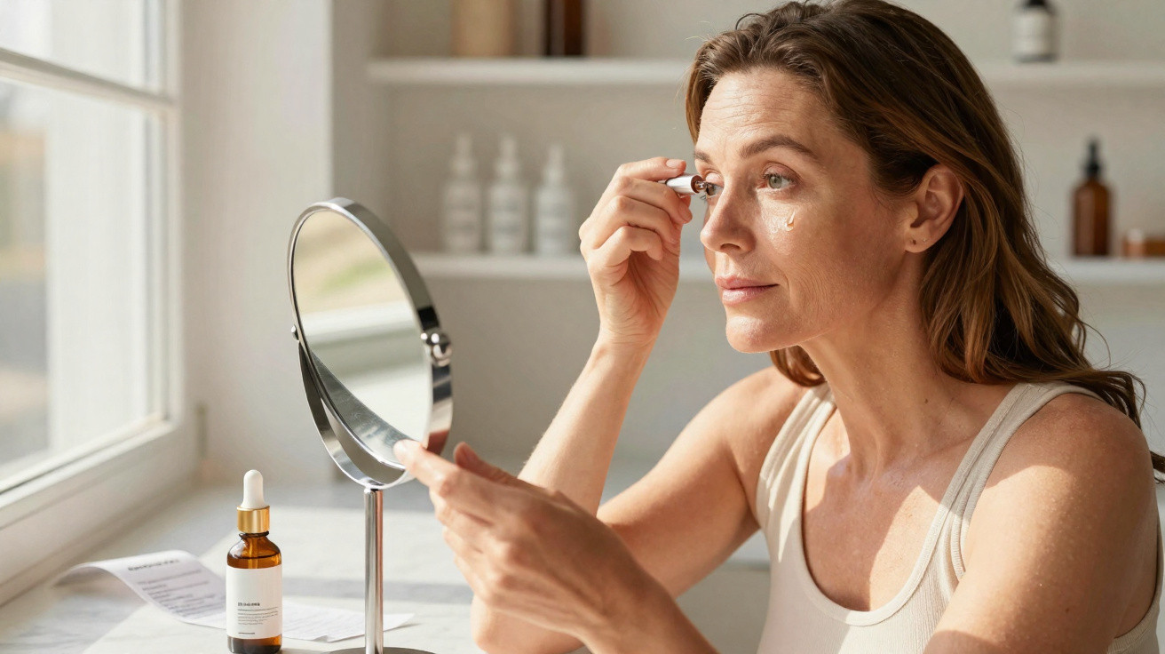 Mulher a aplicar soro facial com conta-gotas, olhando para um espelho numa mesa junto à janela.