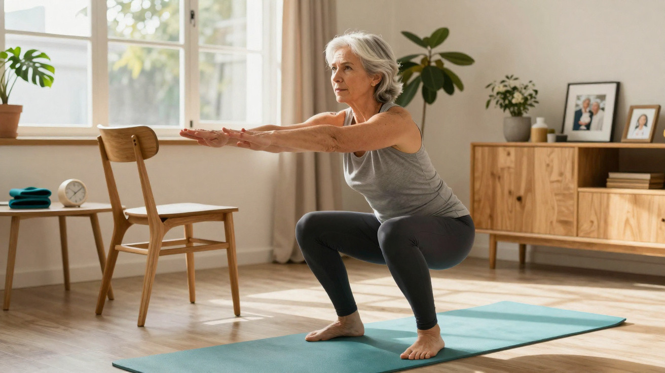 Mulher sénior a fazer agachamento numa tapete de yoga em sala iluminada com luz natural.