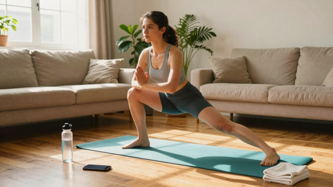 Mulher a fazer alongamento lateral num tapete de yoga numa sala com sofá e plantas.