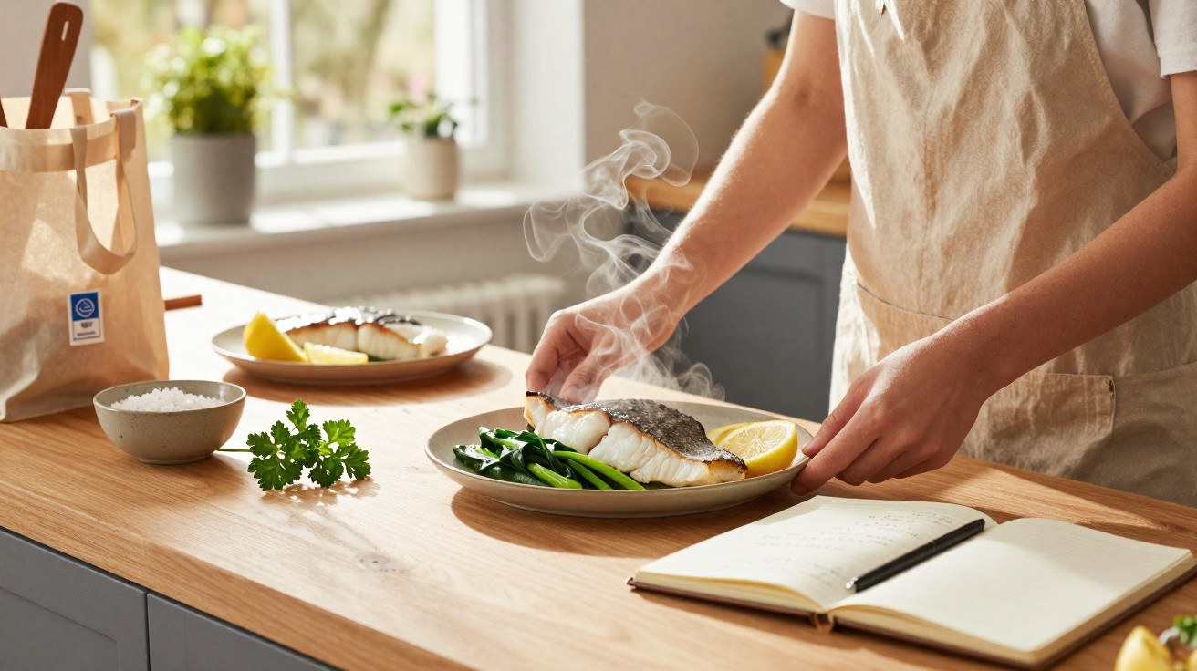 Pessoa a servir prato com peixe fumegante, legumes verdes e limão numa cozinha iluminada.