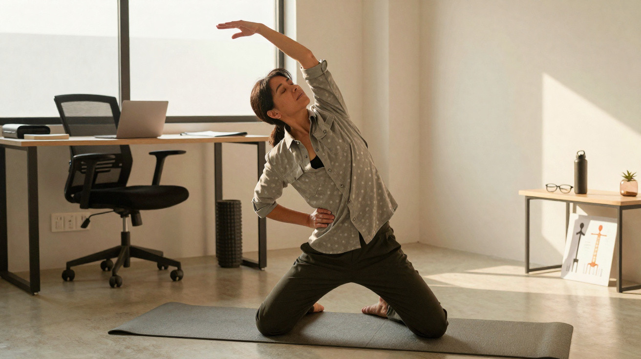 Mulher a fazer alongamentos de yoga num tapete ao lado de secretária num escritório iluminado naturalmente.
