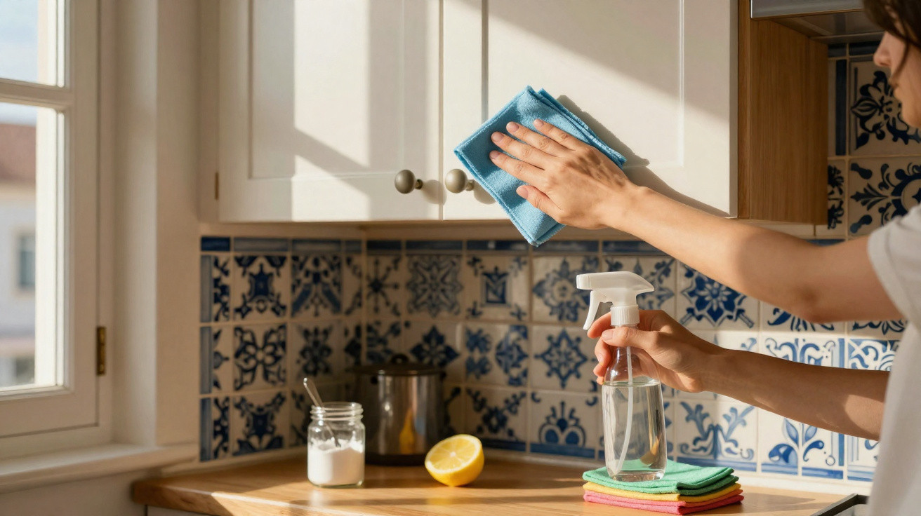 Pessoa a limpar armários de cozinha com pano azul e pulverizador numa cozinha iluminada com azulejos tradicionais.