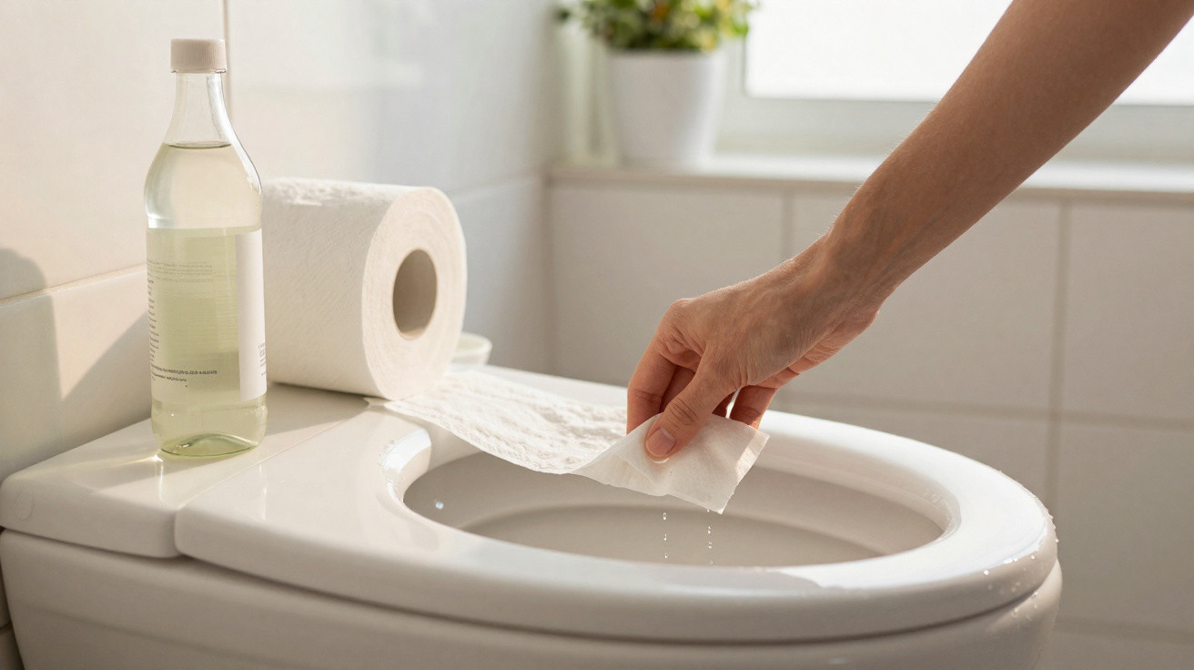Mão a puxar papel higiénico num autoclismo branco com garrafa transparente ao lado num banheiro claro.