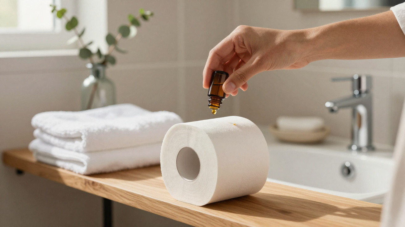Mão a aplicar gotas de óleo essencial num rolo de papel higiénico numa casa de banho iluminada.