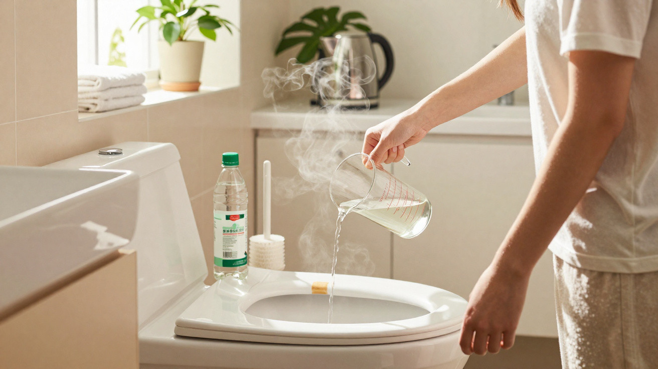 Pessoa a verter água quente numa sanita num ambiente doméstico iluminado.