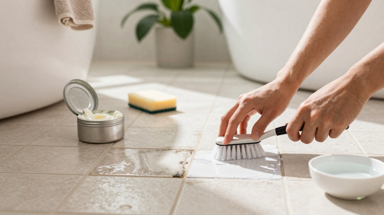 Mãos a esfregar azulejos com escova e detergente, com acessórios de limpeza no chão.