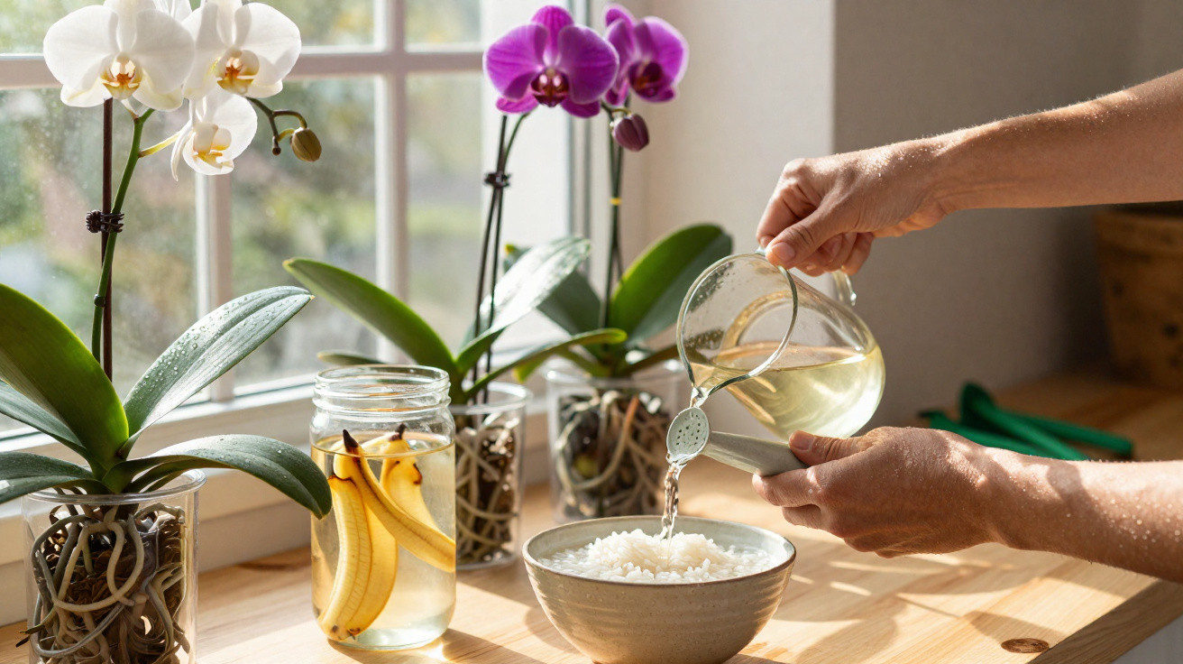 Mãos a verter água num recipiente com arroz, ao lado de orquídeas brancas e roxas junto a uma janela.