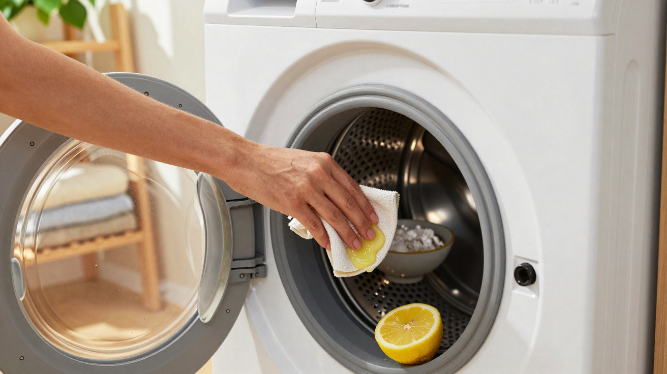 Pessoa a limpar o interior da máquina de lavar roupa com meio limão e um pano branco.
