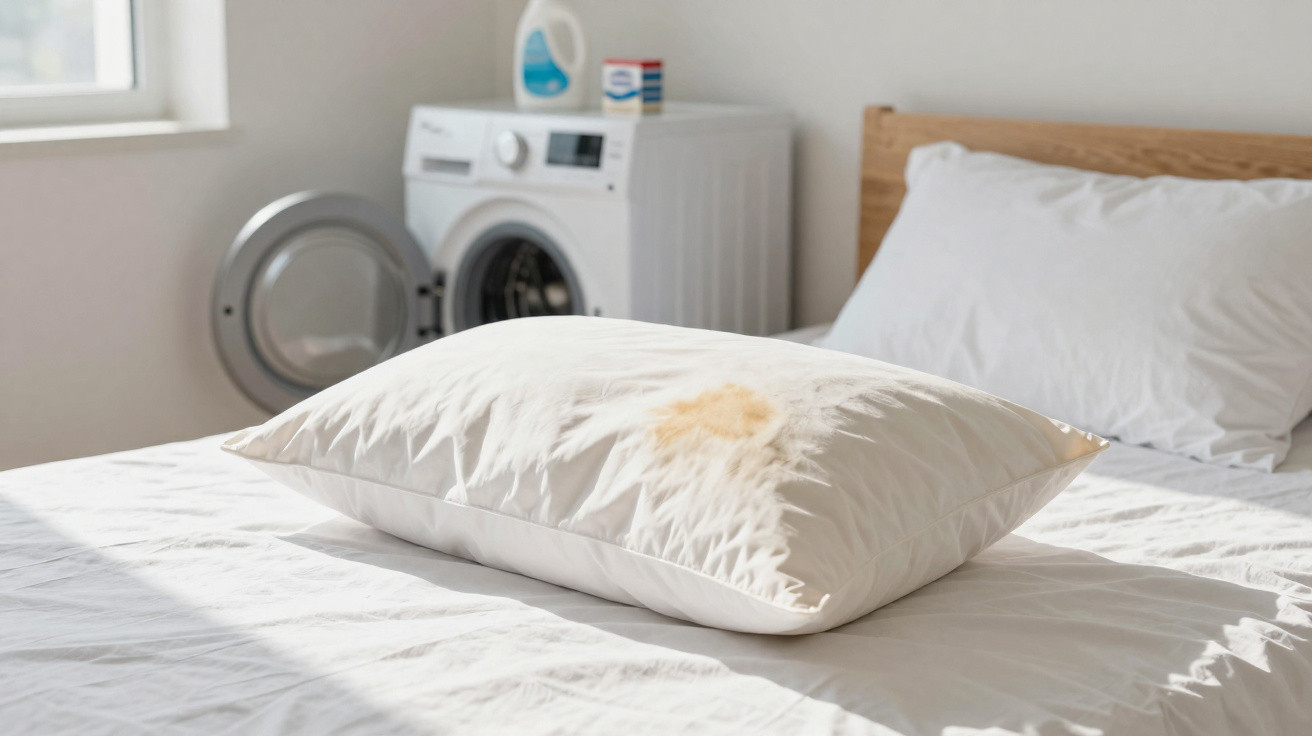 Travesseiro branco com mancha amarelada sobre cama branca, com máquina de lavar roupa ao fundo.