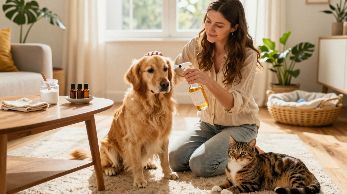 Mulher a cuidar de cão com spray e gato ao lado numa sala iluminada e acolhedora.
