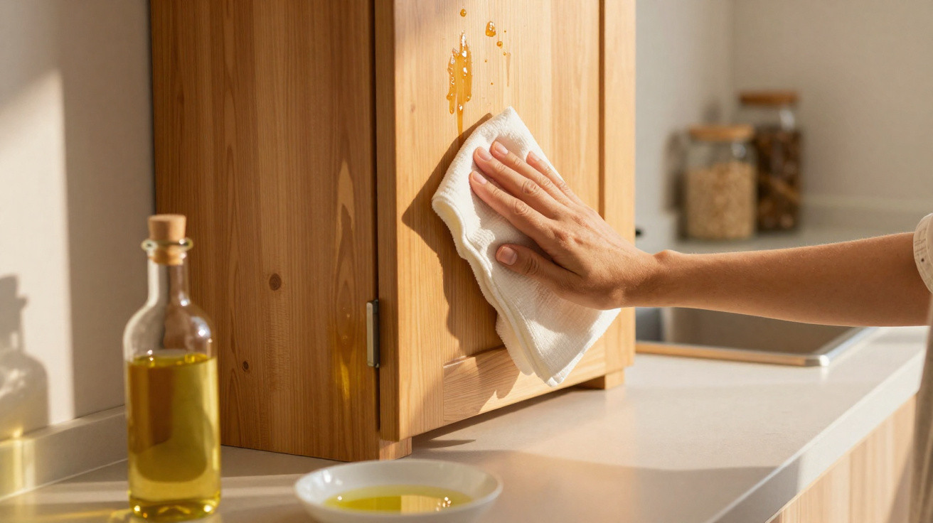 Mão a limpar mancha de óleo numa porta de armário de cozinha de madeira com pano branco.