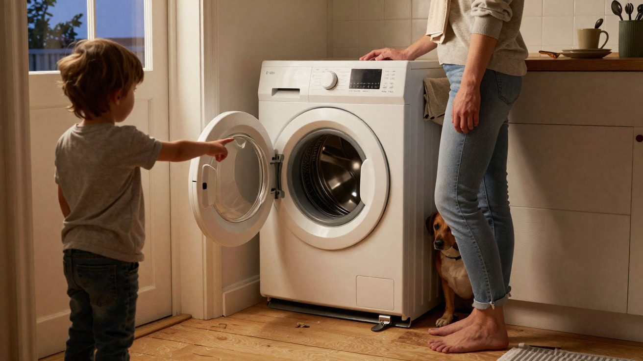 Criança e adulto juntos junto a máquina de lavar roupa com porta aberta numa cozinha iluminada.